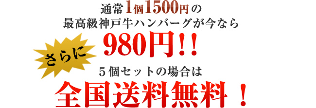 通常1個1500円の最高級神戸牛ハンバーグが今なら980円！！さらに5個セットの場合は全国送料無料！